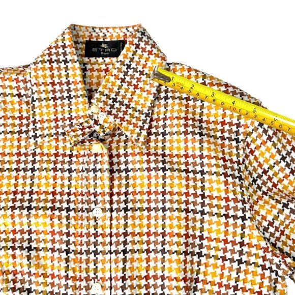 VTG ETRO Shirt Sz.6 Cream Brown Houndstooth Academia Career Italian Old Money - Picture 9 of 14
